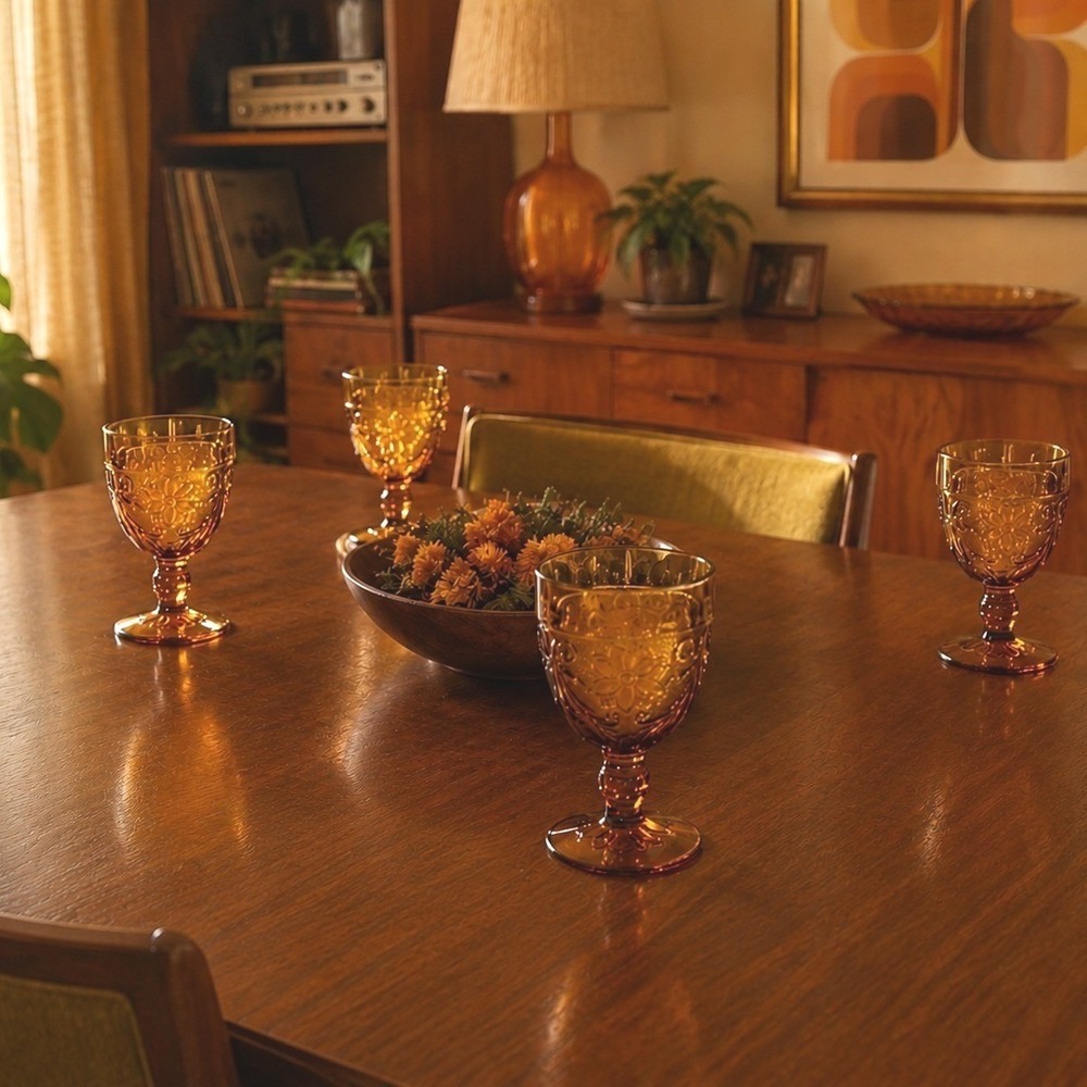 Indiana Glass Tiara Sandwich Amber Water Goblets Set of 4 Floral Embossed MCM